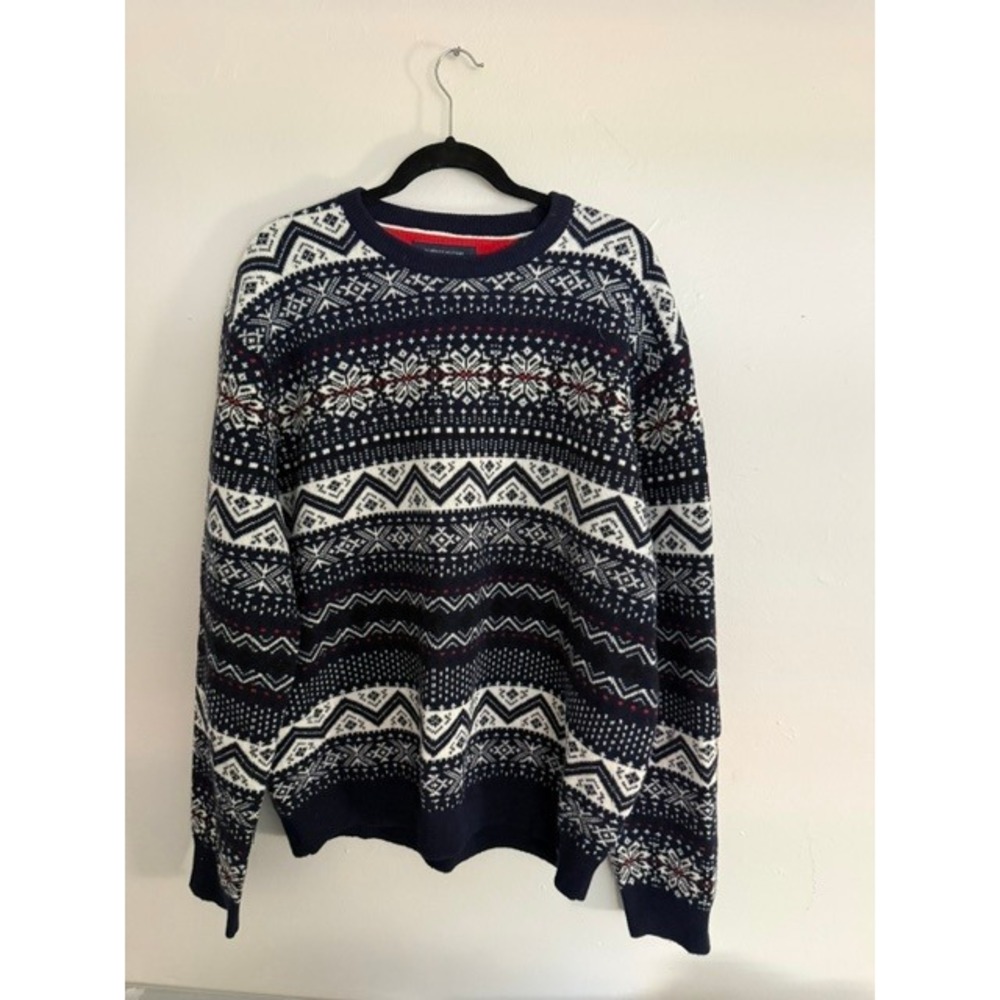Tommy Hilfiger Mens XXL Fair Isle Crewneck Sweater Navy Blue White Red Knit Logo